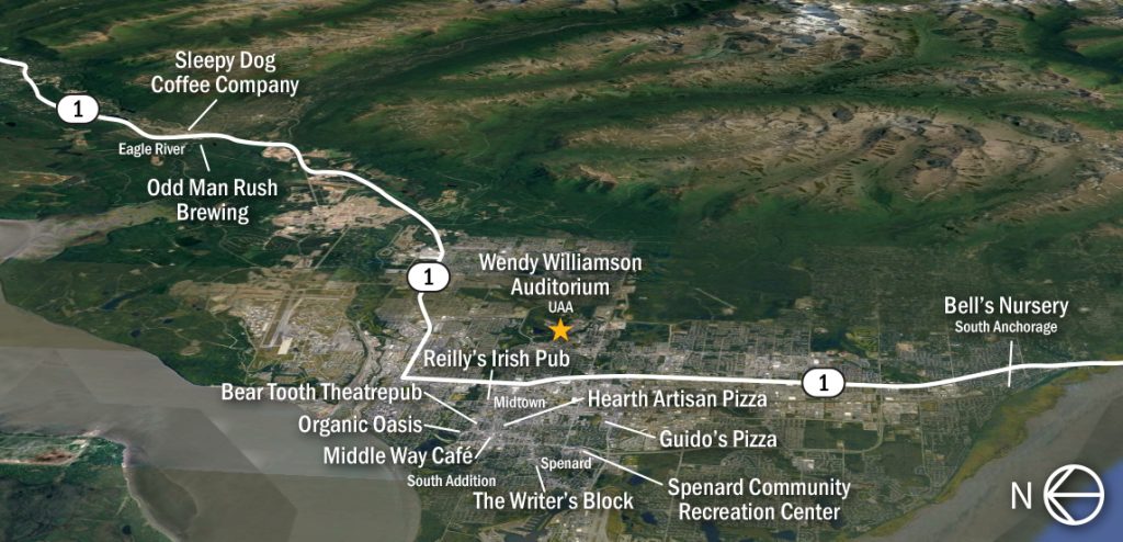Locator map of host venues of the Anchorage Folk Festival 2025