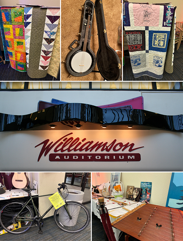 collage of photographs of the 2025 Anchorage Folk Festival Silent Auction items at the Wendy Williamson Auditorium, February 2025
